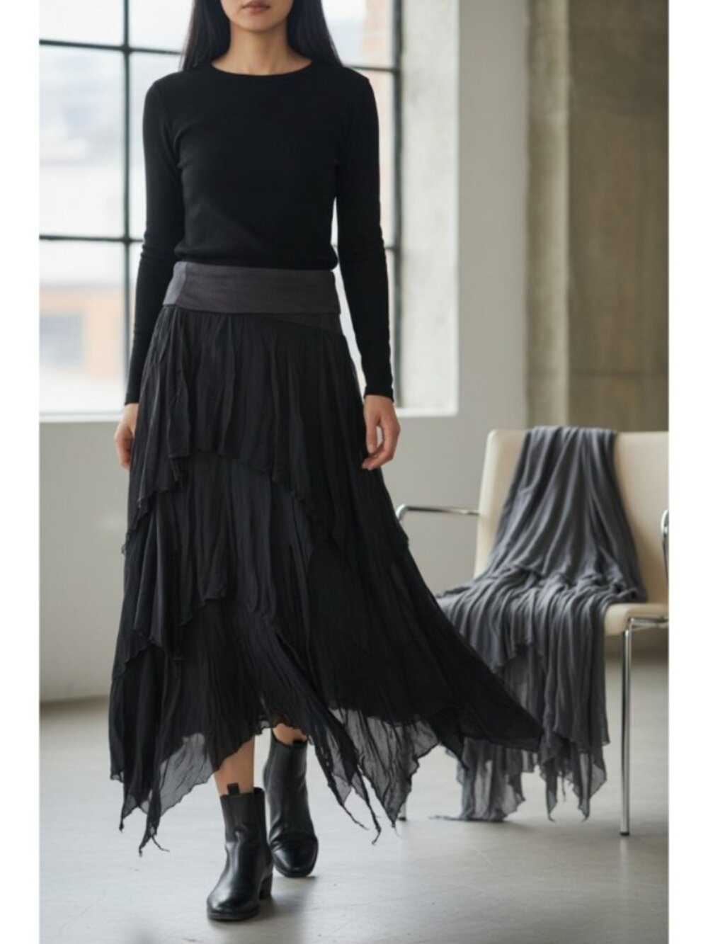 Amaranto Black Long Maxi Skirt Sheer Asymmetrical Witchy Goth Fairy Punk Grunge